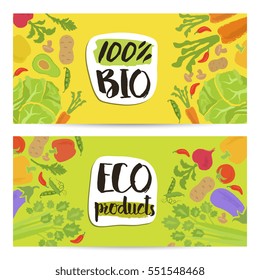 Eco products horizontal flyers set vector illustration. Natural cabbage, tomato, radish, mushroom, peppers, potatoes, carrots. Vegetarian organic food, healthy lifestyle, bio and eco nutrition concept