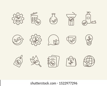 Eco products icons. Set of line icons. Notebook, liquid soap, light bulb. Eco technology concept. Vector illustration can be used for topics like ecology, technology, environment