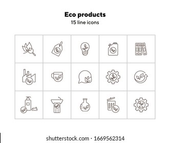 Eco products line icons. Set of line icons. Factory, liquid soap, bulb. Eco technology concept. Vector illustration can be used for topics like ecology, technology, environment