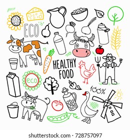 Eco Products Organic Food Hand Drawn Doodle. Freehand Healthy Eating Elements. Vector illustration