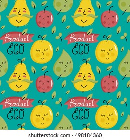 Eco products seamless pattern with various happy cartoon fruit characters isolated on blue background. Natural eco friendly products and farm vegetarian food packaging. Healthy eating concept.