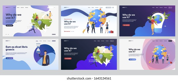 Eco project presentation set. People traveling, planting trees outdoors. Flat vector illustrations. Business, environment, sustainability concept for banner, website design or landing web page