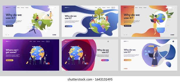 Eco project set. Tourists setting pointers at map, planting trees outdoors. Flat vector illustrations. Planet care, ecology concept for banner, website design or landing web page