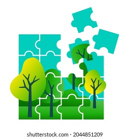 Eco projects for environment protection and eco-friendly sustainable initiatives - forest of trees collected from jigsaw puzzle