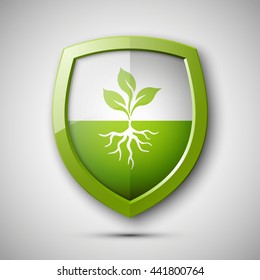 Eco Protect Logo Template Design. Ecological Shield Label. Plant Icon. Herb Badge. Young Flower Sprout From The Root Picture. Ecology Tag. Grass Vector Illustration. Greenery Chek