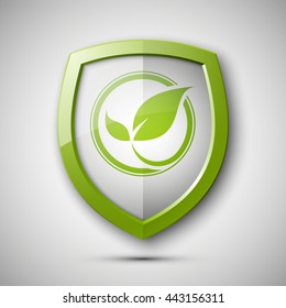Eco Protect Logo Template Design. Ecological shield label. Plant icon. Herb badge. Young flower sprout from the root picture. Ecology tag. Grass Vector illustration. Greenery chek