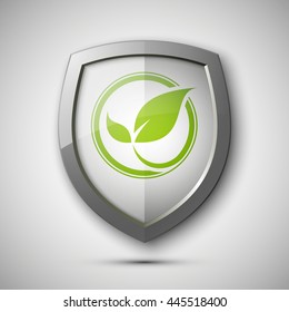 Eco Protect Logo Template Design. Ecological shield label. Plant icon. Herb badge. Young flower sprout from the root picture. Ecology tag. Grass Vector illustration. Greenery chek