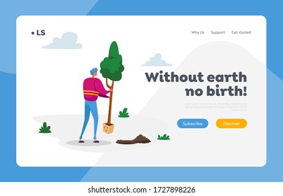 Eco Protection Landing Page Template. Volunteer Character Saving Nature, Ecological Issues, Global Warming, Environment Care and Day of Earth. Man Planting Tree in Garden. Cartoon Vector Illustration