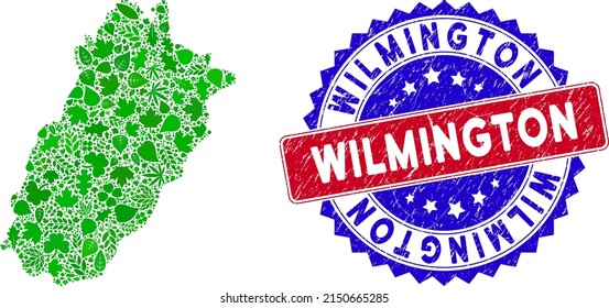 Eco Punjab Province map collage of herbal leaves in green color tinges with grunge bicolor Wilmington seal. Red and blue bicolored badge with scratched style and Wilmington tag.