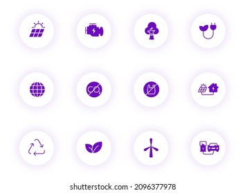 eco purple color vector icons on light round buttons with purple shadow. ecology icon set for web, mobile apps, ui design and print