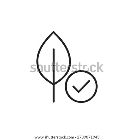 Eco quality checkmark icon with leaf, thin line style vector illustration for organic certified and sustainable product concept