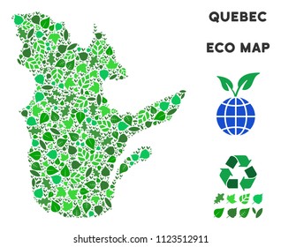 Eco Quebec Province map collage of floral leaves in green color tinges. Ecological environment vector template. Quebec Province map is formed of green floral items. Abstract territory plan.