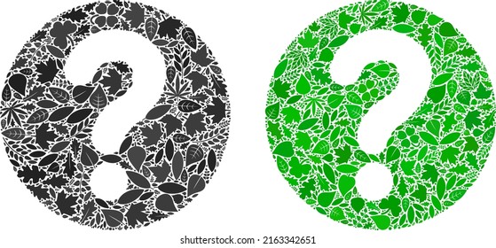 Eco query icon collage of herbal leaves in green and natural color tints. Ecological environment vector concept for query icon. Query vector image is shaped with green herbal parts.