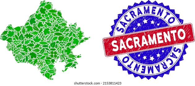 Eco Rajasthan State map mosaic of herbal leaves in green color shades and grunge bicolor Sacramento seal stamp. Red and blue bicolored stamp with grunge surface and Sacramento slogan.