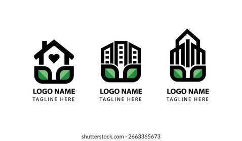 Conjunto de Vector de logotipo de bienes raíces de Eco, emblema de edificio verde, diseño de íconos de propiedad