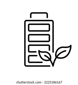 Pictograma lineal Eco-Recargable Green Energy. Batería renovable con símbolo de contorno de planta. Acumulador con icono de la línea de la hoja y el relámpago. Stroke editable. Ilustración de vectores aislados.