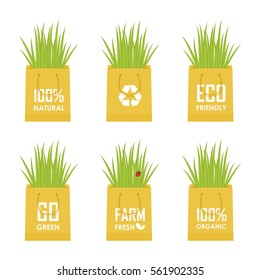 Eco recycle bag vector green set. Vector illustration.