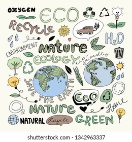 Eco Recycle Reuse Ecology Nature Doodle. Icons Sketch. Hand Drawn Design Vector. Freehand Drawing.
