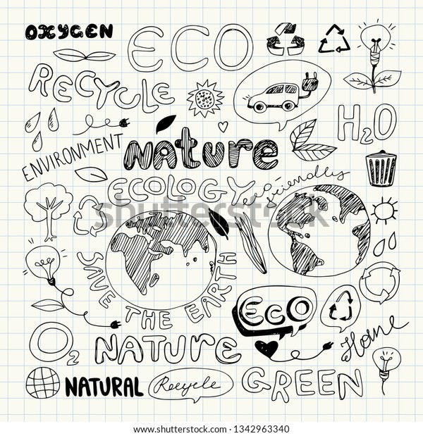 Eco Recycle Reuse\
Ecology Nature Doodle. Icons Sketch. Hand Drawn Design Vector.\
Freehand Drawing.\
