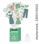 Eco recycled textile clothing sustainable. donating used apparel to donation box, Recycle and environmental care concept on fashion. Vector design illustration.