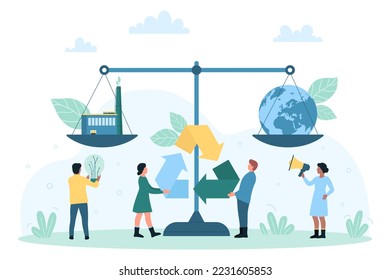 Eco recycling and sustainable technology to reduce and neutralize environmental pollution vector illustration. Cartoon tiny people holding recycle sign near balance scale with factory and globe