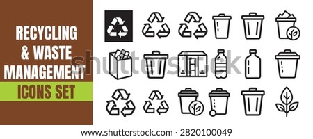 Eco Recycling Waste Icons set, Outline Minimal Stroke icons bundle, Trash Zero Waste Green Environment Clean Vector UI Icon Set Collections featuring various types of trash cans recycle loops bottle symbols paper bins garbage disposal equipment and environmental icons focused on sustainability waste reduction and green living habits for professional design