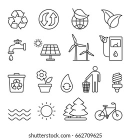 Eco related icons: thin monochrome icon set, black and white kit