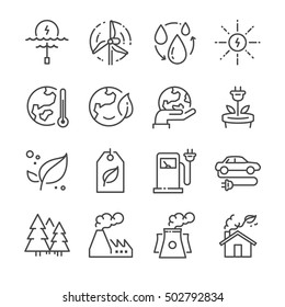 Eco Related Line Icons. Included The Icons As Ecology, Clean Energy, Industrial, Green Power, Recycle, Electric Car And More.