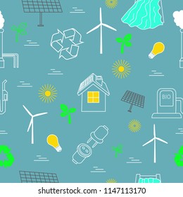 Eco related seamless print.  Contains symbols for different types of electricity generation: wind generators, solar panels, biofuel, hydropower.  Alternative energy concept.  