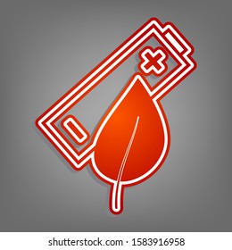 Eco Related sign. Flat red icon with linear white icon with gray shadow at grayish background. Illustration.
