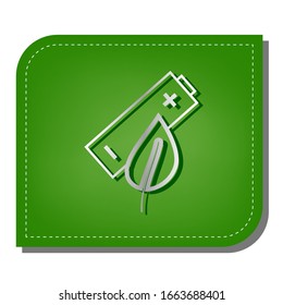 Eco Related sign. Silver gradient line icon with dark green shadow at ecological patched green leaf. Illustration.