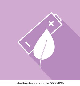 Eco Related sign. White Icon with long shadow at purple background. Illustration.