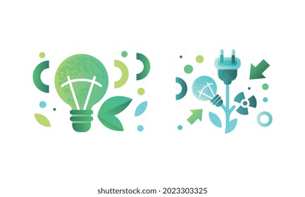 Eco Related Symbols Set, Light Bulbs, Green Energy and Environment Protection Concept Flat Vector Illustration