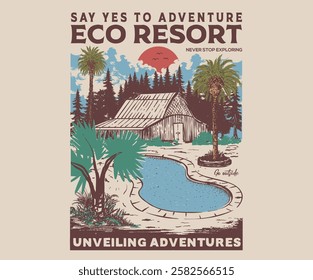 Eco resort with swing pool artwork. Colorado adventure vintage print design for t shirt and others. National park graphic artwork for sticker, poster, background.