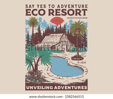 Eco resort with swing pool artwork. Colorado adventure vintage print design for t shirt and others. National park graphic artwork for sticker, poster, background.