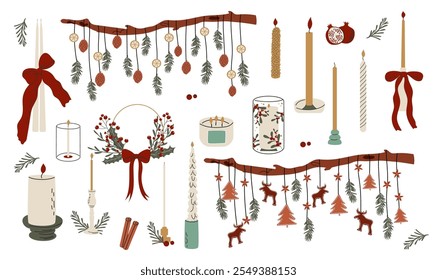 Eco responsable Christmas decoration. Hand drawn winter vector design of candles, plant wreath, organic suspension with fir tree, cookies, oranges.