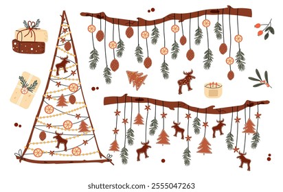 Eco responsable Christmas decoration. Hand drawn winter vector design of organic tree, craft gift boxes, natural suspension with fir tree, cookies, oranges.