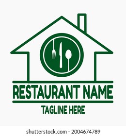 Eco restaurant logo vector.  Green illustration of plate, spoon, fork, knife inside the house