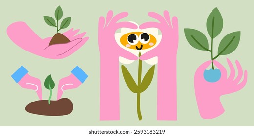 Eco retro stickers set. Happy Earth Day. Caring for nature. Ecology and environment conservation. Grow plants, botanical cultivation, green foliage