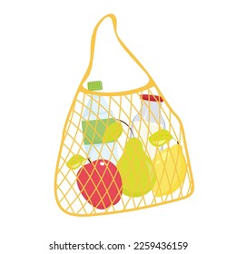 Eco reusable bag full of products. Isolated on white background.