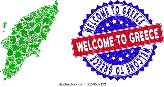 Eco Rhodes Island map mosaic of floral leaves in green color shades and grunge bicolor Welcome to Greece seal stamp. Red and blue bicolored seal with scratched texture and Welcome to Greece caption.