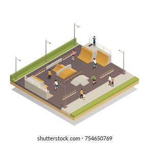 Eco riding sports ground isometric composition with technical facilities for roller and skateboard training vector illustration 