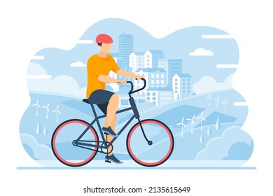 Eco road travel of man on bike. Healthy ride of young cyclist in safety helmet in modern city landscape with houses and windmills flat vector illustration. Sport, green lifestyle, transport concept