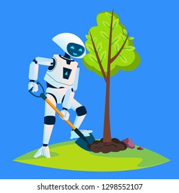 Eco Robot Plants A Green Tree Vector. Isolated Illustration