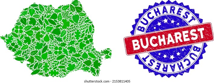 Eco Romania map collage of herbal leaves in green color tones with grunge bicolor Bucharest stamp. Red and blue bicolored imprint with grunge texture and Bucharest tag.