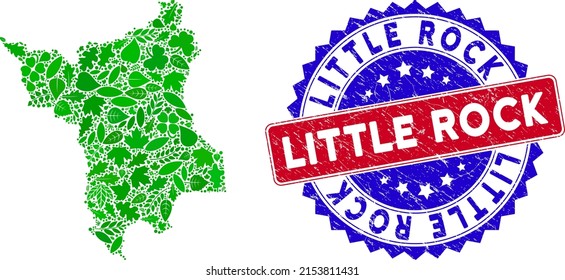 Eco Roraima State map collage of floral leaves in green color hues with grunge bicolor Little Rock stamp. Red and blue bicolored stamp with corroded surface and Little Rock tag.