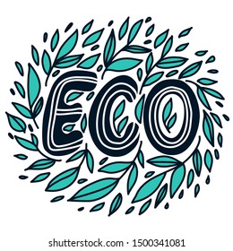 ECO Round frame with green leaves. Ecology awareness illustration in doodle style.
