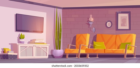 Eco rustic interior, living room with furniture of natural ecological materials wood and textile. Cartoon vector apartment in minimal style with cozy couch front of tv set and lantern on brick wall