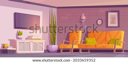 Eco rustic interior, living room with furniture of natural ecological materials wood and textile. Cartoon vector apartment in minimal style with cozy couch front of tv set and lantern on brick wall