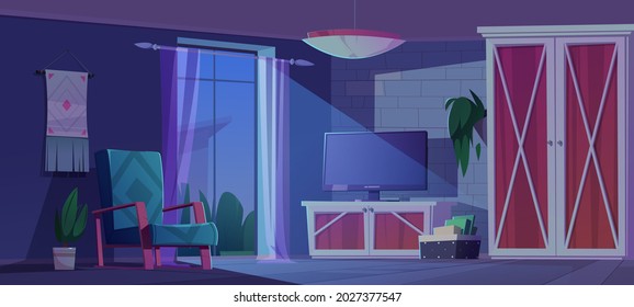 Eco rustic interior, night living room in darkness